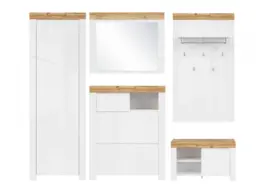 Hallway Furniture Set 5 Piece White Gloss Slim Storage Wardrobe Shoe Cabinet Oak Scandi - Holten - thumbnail 3