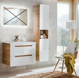 Wall Mounted 3 Piece Bathroom Furniture Set 800mm Vanity Unit With Sink and Tall Cabinet Oak White Gloss - Aruba - thumbnail 3