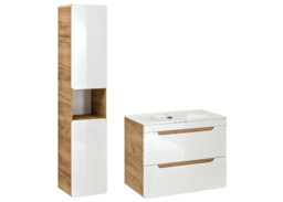 Wall Mounted 3 Piece Bathroom Furniture Set 800mm Vanity Unit With Sink and Tall Cabinet Oak White Gloss - Aruba - thumbnail 4