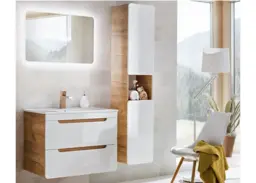 Wall Mounted 3 Piece Bathroom Furniture Set 800mm Vanity Unit With Sink and Tall Cabinet Oak White Gloss - Aruba