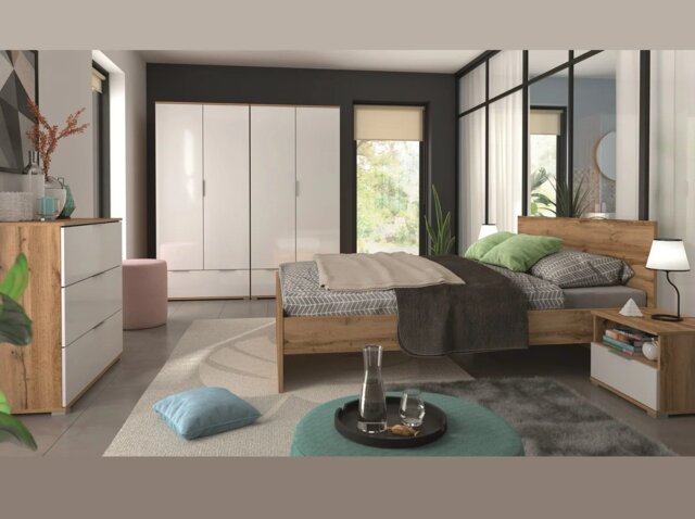 Double Bedroom 5-Piece Furniture Set with Bed Frame Wardrobe Chest Cabinet Modern White Gloss / Oak - Zele - image 1