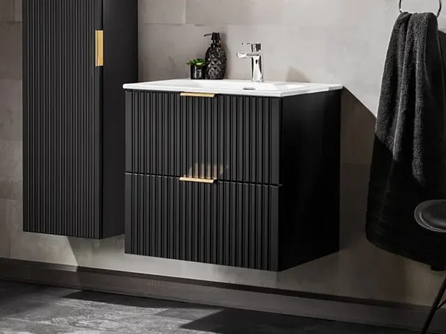Bathroom Vanity Unit with Basin 800mm Ribbed Textured Black Modern Wall Hung Floating - Adel - image 1