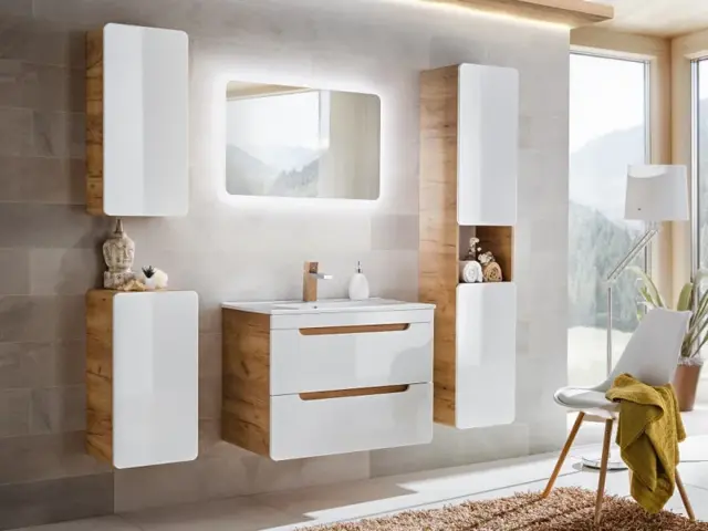 Bathroom Wall Hung Cabinets 800mm Vanity Sink Unit with Drawer Tallboy Storage Unit White Gloss Oak Modern - Aruba - image 1
