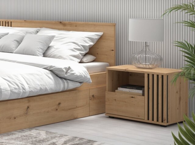 Bedside Cabinet Right Side Table Nightstand 1 Drawer Compact Storage Bedroom Unit Black and Oak with Slats – Vabres - image 1