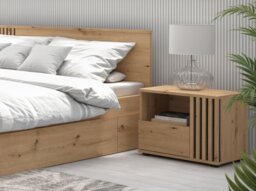 Bedside Cabinet Right Side Table Nightstand 1 Drawer Compact Storage Bedroom Unit Black and Oak with Slats – Vabres