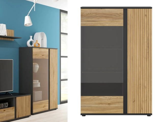 Glass Display Cabinet Modern Compact 95cm 2 Soft Close Doors Storage Unit Black Matt Oak Printed Slat Effect Luen - image 1
