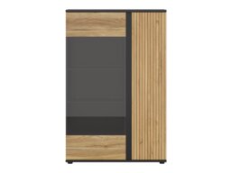 Glass Display Cabinet Modern Compact 95cm 2 Soft Close Doors Storage Unit Black Matt Oak Printed Slat Effect Luen - thumbnail 4