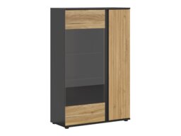 Glass Display Cabinet Modern Compact 95cm 2 Soft Close Doors Storage Unit Black Matt Oak Printed Slat Effect Luen - thumbnail 2