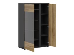 Glass Display Cabinet Modern Compact 95cm 2 Soft Close Doors Storage Unit Black Matt Oak Printed Slat Effect Luen - thumbnail 3