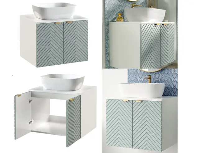 Bathroom Set 600mm Vanity Cabinet Ceramic Sink Unit Floating Ribbed Fluted Soft Green with White Worktop - Cara - image 1