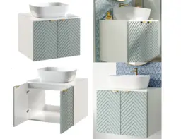 Bathroom Set 600mm Vanity Cabinet Ceramic Sink Unit Floating Ribbed Fluted Soft Green with White Worktop - Cara