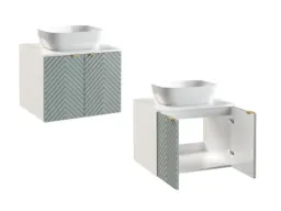 Bathroom Set 600mm Vanity Cabinet Ceramic Sink Unit Floating Ribbed Fluted Soft Green with White Worktop - Cara - thumbnail 2