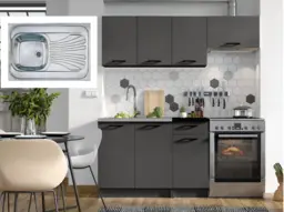 Kitchen Cabinets 5 Unit Complete Kitchenette Black Grey Cupboards Sit On Sink Fully Fitted Package 180cm Set - Lina