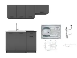 Kitchen Cabinets 5 Unit Complete Kitchenette Black Grey Cupboards Sit On Sink Fully Fitted Package 180cm Set - Lina - thumbnail 4