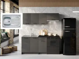 Kitchen Cabinets 5 Unit Complete Kitchenette Black Grey Cupboards Sit On Sink Fully Fitted Package 180cm Set - Lina - thumbnail 3