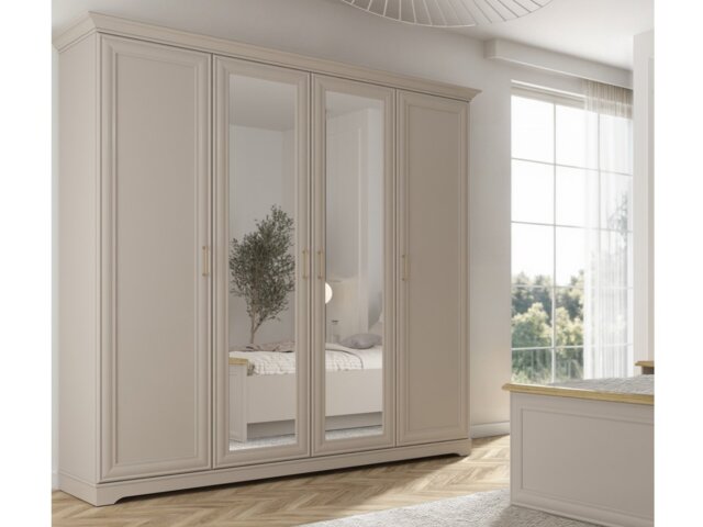 Large Mirror Wardrobe 4 Door Storage Cabinet Quadruple Wardrobe 2 Mirrored Doors Shaker Style Cashmere Beige - Anga - image 1