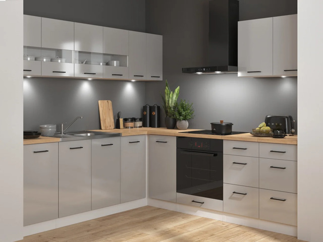 Kitchen Corner Cabinets Units Grey Gloss Modern Freestanding 11 Cupboards Complete L Shaped Set DIY Fitted - Junona - image 1