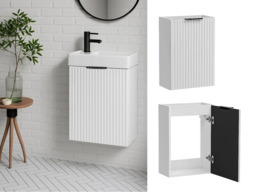 Cloakroom Vanity Unit Slimline White Ribbed Fluted 400mm Wall Hung Small Sink Cabinet - Adel - thumbnail 1