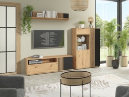 Glass Display Cabinet Unit Glazed Doors Compact Ribbed Fluted Black and Oak with Slats Buffet – Vabres - thumbnail 2