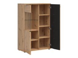 Glass Display Cabinet Unit Glazed Doors Compact Ribbed Fluted Black and Oak with Slats Buffet – Vabres - thumbnail 4