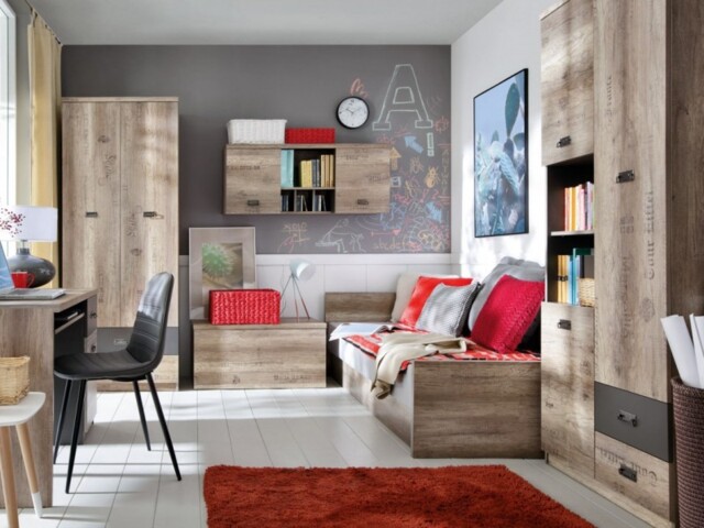 Bedroom Furniture Set: 6 Units Student Children's Study Room Storage Oak Effect / Grey Urban - Malcolm - image 1