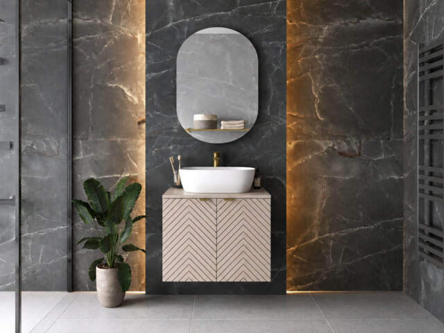Bathroom Vanity Unit with Basin 600mm Countertop Fluted Cashmere Beige Floating Cabinet - Cara - image 1