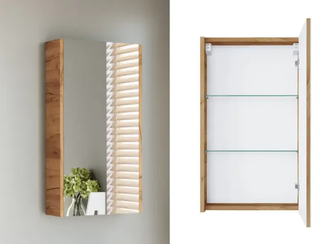 Bathroom Mirror Cabinet Mirrored Small Wall Unit Slimline Cupboard 400mm Storage Gold Craft Oak – Avir - image 1