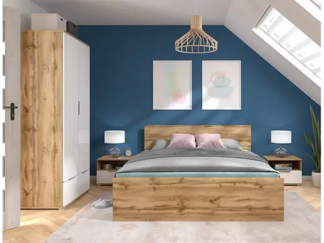 King Size Bedroom Furniture Set Euro Bed Frame Double Wardrobe Bedside Cabinets White Gloss/Oak - Zele - image 1