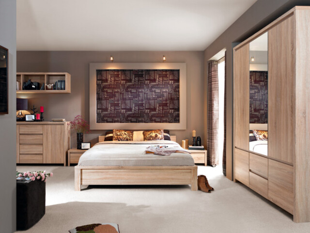 Modern Double Bedroom Furniture Set Triple Wardrobe Double Bed Sideboard Bedsides Sonoma Oak Finish - Kaspian - image 1
