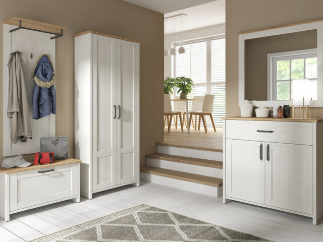 Hall Furniture Set Shoe Cabinet Tall Wardrobe Sideboard Coat Hooks Scandi White Pine and Oak Effect - Loksa - image 1