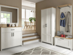 Scandi Hall Furniture Set Shoe Cabinet Tall Wardrobe Sideboard Coat Hooks White Pine and Oak Effect - Loksa - thumbnail 2
