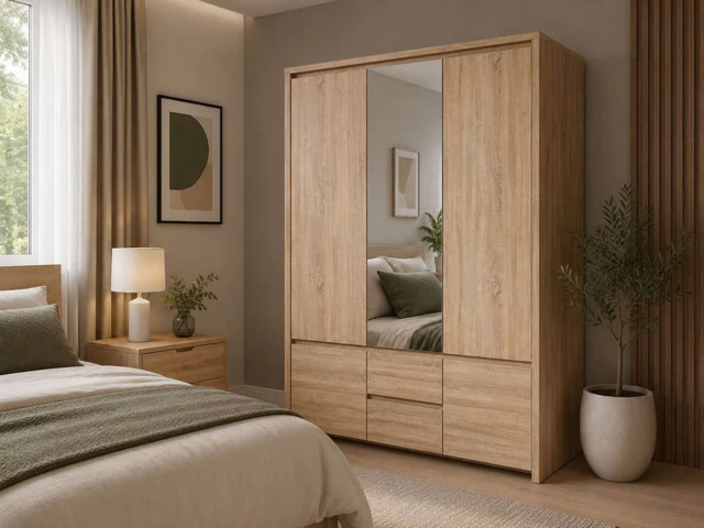 Triple Wardrobe with Drawers and Mirror Modern 3 Door Handlless Storage Sonoma Oak - Kaspian - image 1