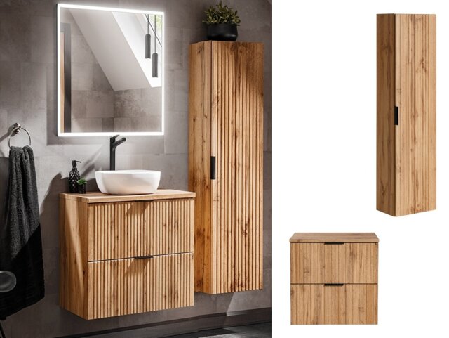 Oak Bathroom Furniture Set Wall Hung Vanity 600mm Countertop Tall Storage Unit Fluted Oak Effect - Adel - image 1