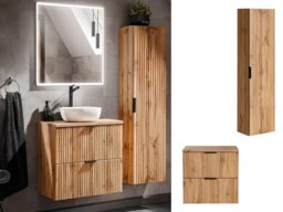 Oak Bathroom Furniture Set Wall Hung Vanity 600mm Countertop Tall Storage Unit Fluted Oak Effect - Adel - thumbnail 1