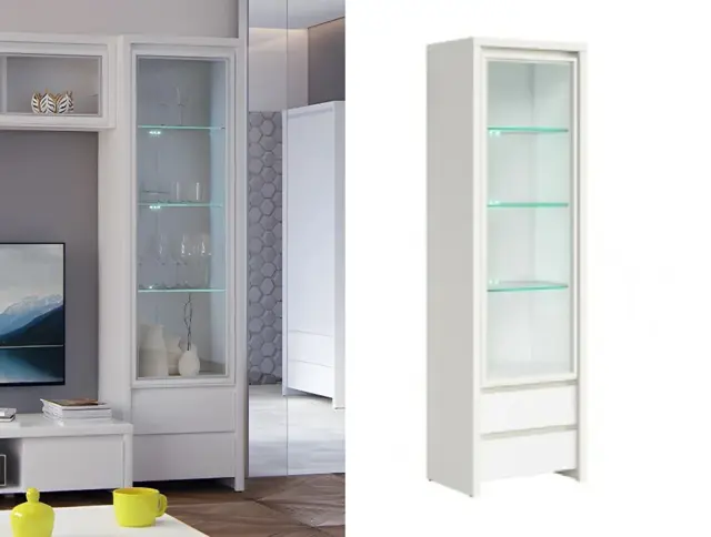 Glass Display Cabinet Tall Glazed Unit Slim Dresser with Drawers LED Lights Modern White Matt - Kaspian - image 1