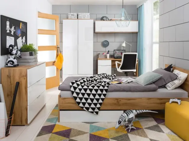 Children's Bedroom 6-Piece Furniture Set Single Bed Wardrobe Desk Modern White Gloss / Oak - Zele - image 1