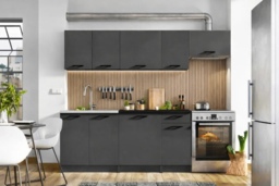 Kitchen Cabinets 7 Unit Kitchenette Black Worktop Dark Grey Cupboards Complete Fitted 240cm Set - Lina - thumbnail 2