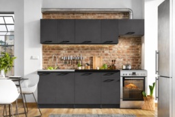 Kitchen Cabinets 7 Unit Kitchenette Black Worktop Dark Grey Cupboards Complete Fitted 240cm Set - Lina - thumbnail 1