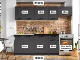 Kitchen Cabinets 7 Unit Kitchenette Black Worktop Dark Grey Cupboards Complete Fitted 240cm Set - Lina - thumbnail 3