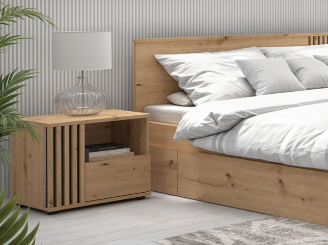 Bedside Cabinet Left Side Table Nightstand 1 Drawer Compact Storage Bedroom Unit Black and Oak with Slats – Vabres - image 1