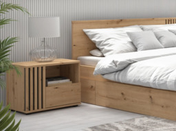 Bedside Cabinet Left Side Table Nightstand 1 Drawer Compact Storage Bedroom Unit Black and Oak with Slats – Vabres - thumbnail 1