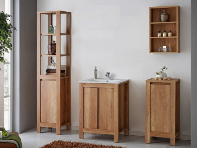 Bathroom Furniture Set Freestanding 600mm Vanity Sink 60cm Unit Tallboy Storage Shelves Oak Finish - Classic Oak - image 1
