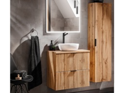 Oak Bathroom Furniture Set Wall Hung Vanity 600mm Countertop Sink Tall Storage Unit Fluted Oak Effect - Adel - thumbnail 2