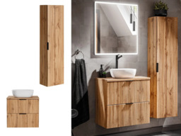 Oak Bathroom Furniture Set Wall Hung Vanity 600mm Countertop Sink Tall Storage Unit Fluted Oak Effect - Adel