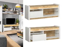 White Gloss TV Unit with LED Lights Small TV Cabinet with Drawer Oak Effect Media Entertainment Stand - Alameda