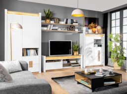 White Gloss TV Unit with LED Lights Small TV Cabinet with Drawer Oak Effect Media Entertainment Stand - Alameda - thumbnail 3