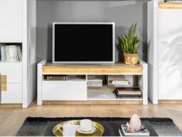 White Gloss TV Unit with LED Lights Small TV Cabinet with Drawer Oak Effect Media Entertainment Stand - Alameda - thumbnail 2
