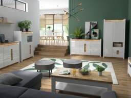 White Gloss TV Unit with LED Lights Small TV Cabinet with Drawer Oak Effect Media Entertainment Stand - Alameda - thumbnail 4