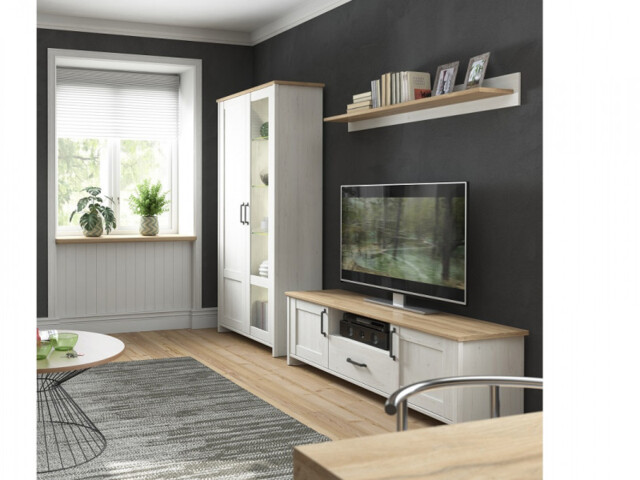Living Room Furniture Set TV Unit Display Cabinet LED Lights Scandi White Pine and Oak Effect - Loksa - image 1