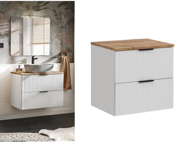 Bathroom Vanity Unit 600mm Ribbed Textured White Oak Effect Countertop Wall Hung Floating - Adel - image 1